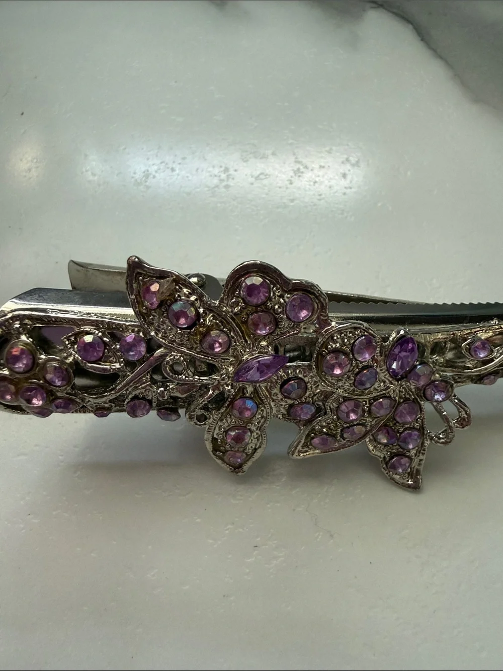 Decorative Silver-Tone Hair Clip with Purple Crystal Flowers
